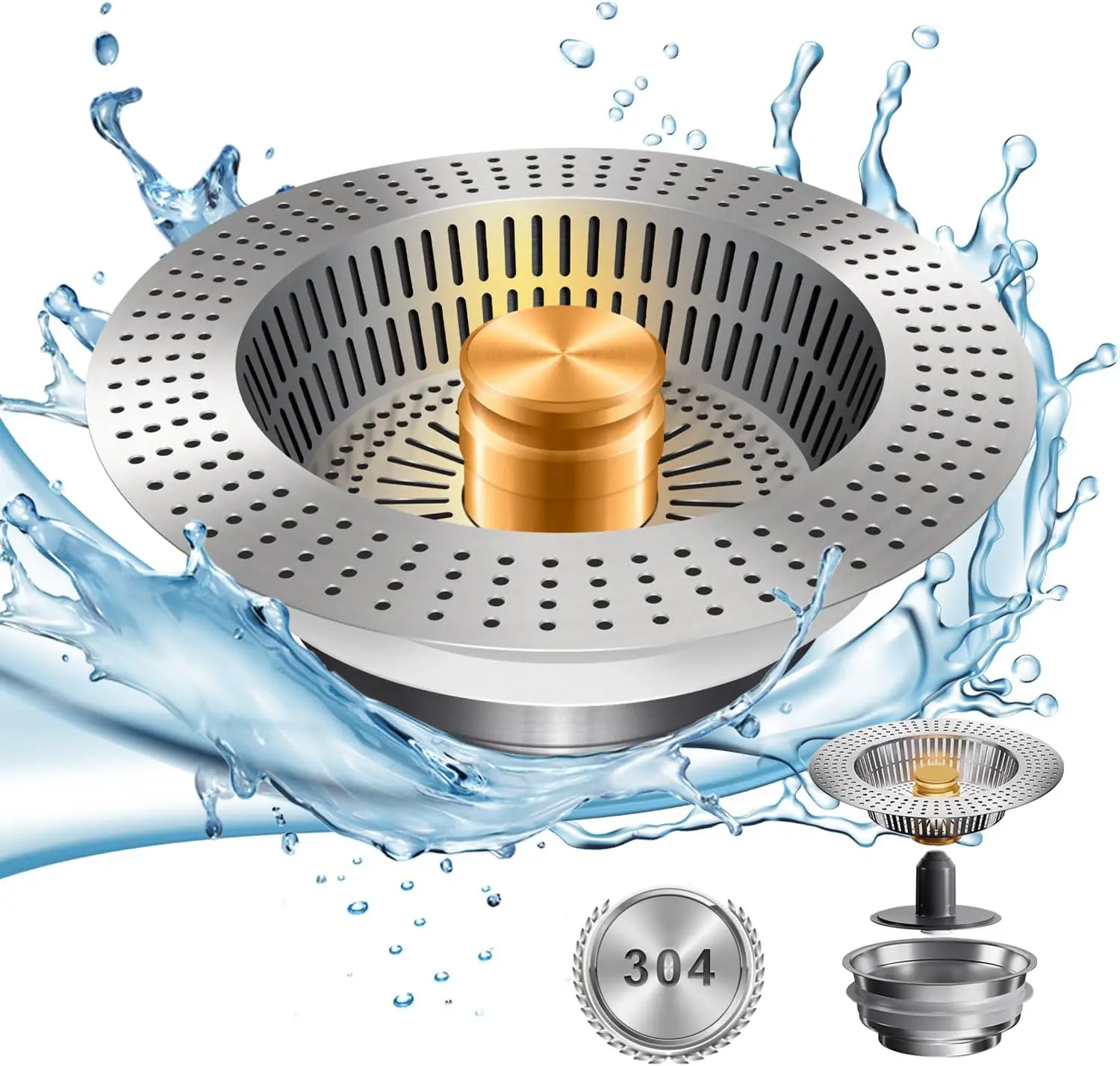 3-in-1 SUS 304 Stainless Steel Kitchen Drain Strainer Filter Basket, Removable Modern Waterproof Stopper with Cleaning Function, Anti-Clogging, Odor-Proof, Fits 3.5" Sinks, Bathroom Home Gadget