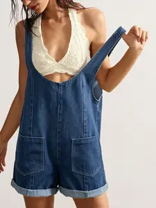 Light Wash Patch Pocket Sleeveless Rolled Hem Denim Short Overalls