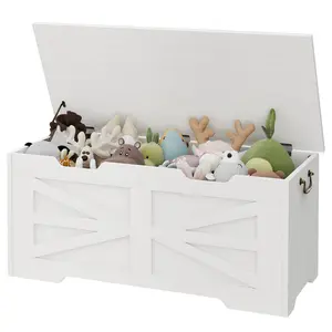 39.4" White Wooden Storage Chest Bench with Safety Hinge, Large Blanket Chest for Living Room – Farmhouse Storage Trunk & Sturdy Entryway Chest for Toys & Clothing
