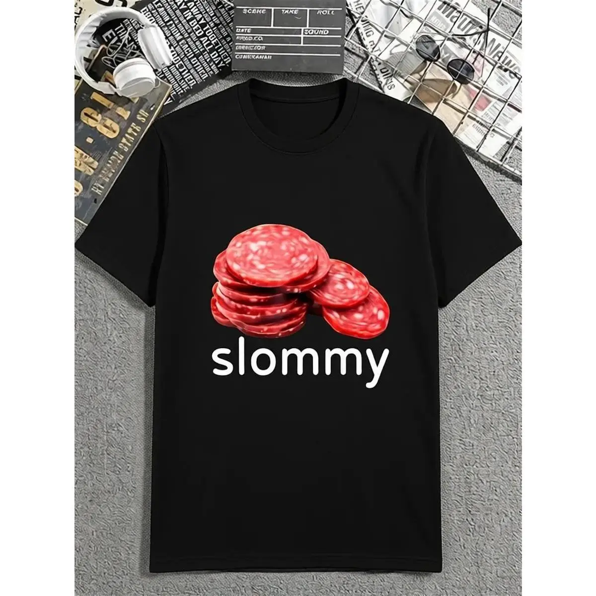 Men's Cotton Fitted Short-Sleeve Round Neck Tshirt - Machine Wash Safe, Oddly Specific Funny Slommy Salami Meme Graphic, Casual Streetwear Clothes
