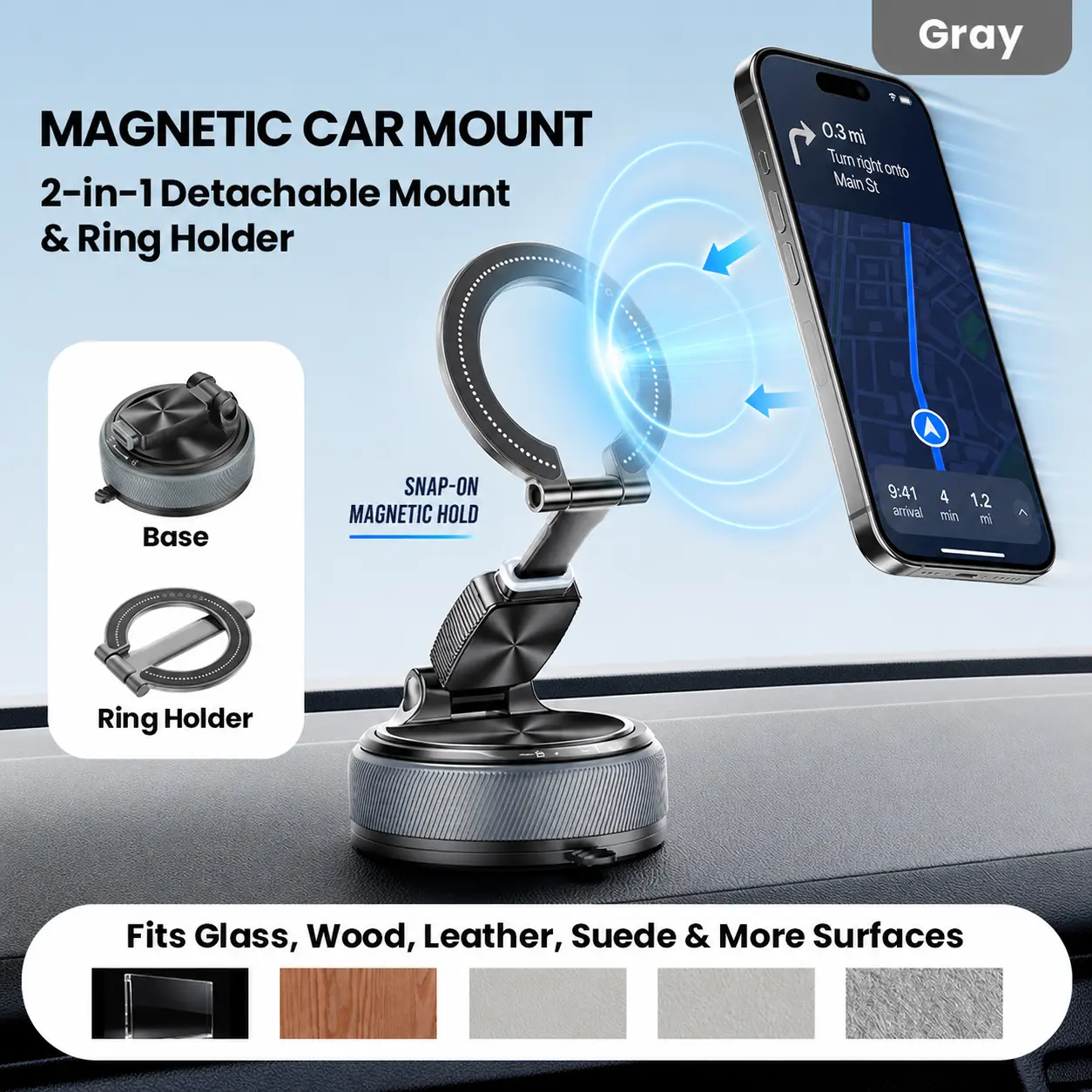 Beambox A20 2-in-1 Detachable Magnetic Car Phone Holder, 360° Foldable Vacuum Mount & Removable Phone Stand for MagSafe iPhone; Android Requires Included Metal Ring,Gifts for Men Women