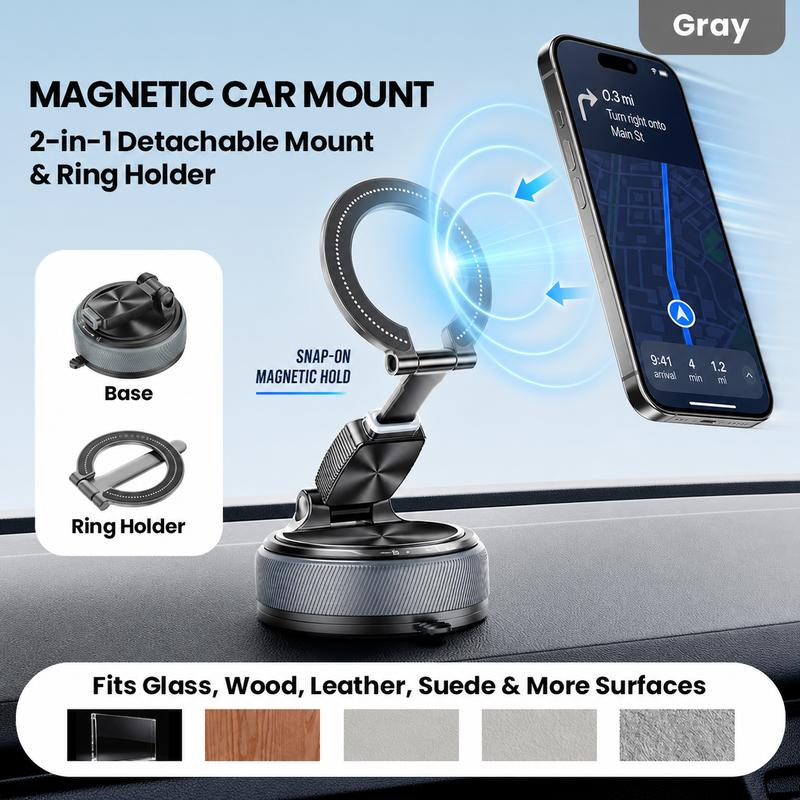 Beambox A20 2-in-1 Detachable Magnetic Universal Phone Holder - Compact 360° Foldable Suction Mount, Angle-Adjustable Smartphone Stand, MagSafe Grip, Metal Ring, Multifunctional Car Accessory, Universal Phone Holders