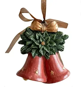 Vintage Red Christmas Bell Ornament - Hand-Painted Christmas Tree Decoration with Gold Bow, Poinsettia Accents for Festive Home Decor