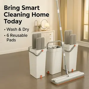 Self-Cleaning Flat Mop & Bucket System with 360° Magic Squeeze Mop 6 Reusable Microfiber Pads 14L/7L Dual-Tank 142cm Stainless Steel Handle for All Floors Absorbent Lightweight