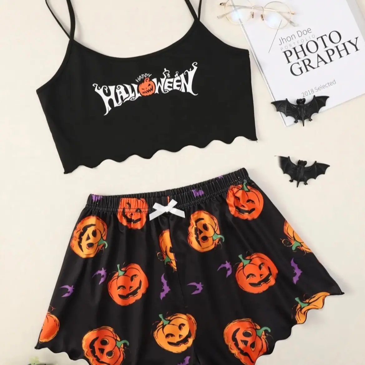 Women's 2pcs Halloween Pumpkin Print ¿) , D Crop Camisole & Elastic Waist Shorts Pyjama Set, Scallop Trim Spaghetti Strap Crop Top & Bow Decor Shorts Halloween Pi Set, Women's Two-piece Loungewear for Daily Wear Cotton Cotton Cotton Silk Silk Summer Silk