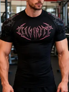 Men's Gothic Print T-Shirt Short Sleeve Slim Fit Streetwear, Quick-Dry Breathable Sports Fitness Urban Trendy Top, Athletic T Shirt