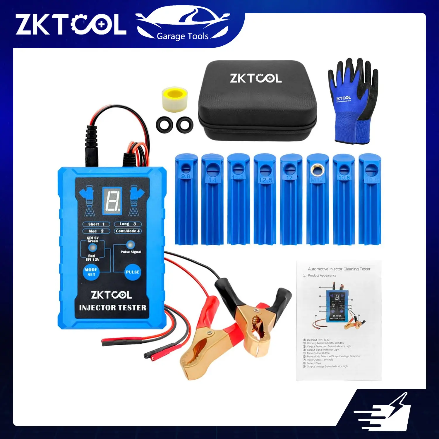 ZKTOOL Universal Fuel Injector Test, Cleaning & Diagnostic Tool Kit for Car Repair, Automotive Work Tools with 8 Pulse Modes, 4-Wire Dual Channel, 8-Size Adapters, USB Rechargeable Multimeter, Voltage Tester