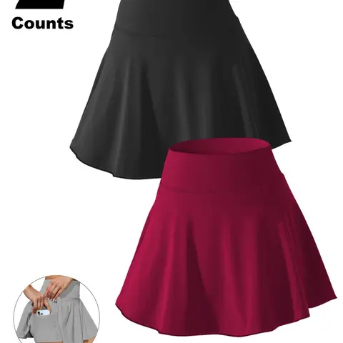 2 Pack Plus Size High Waisted Workout Skort with Pockets, Tennis Yoga Athletic Skirt with Shorts Anti-Exposure, Lightweight Breathable Summer Sports Skorts for Women, Tennis Golf Skorts, Stretchy Sports Skort, Tennis Attire, Sporty Breathable Skorts