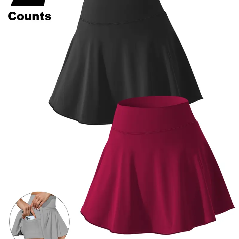 2 Pack Plus Size High Waisted Workout Skort with Pockets, Tennis Yoga Athletic Skirt with Shorts Anti-Exposure, Lightweight Breathable Summer Sports Skorts for Women, Tennis Golf Skorts, Stretchy Sports Skort, Tennis Attire, Sporty Breathable Skorts