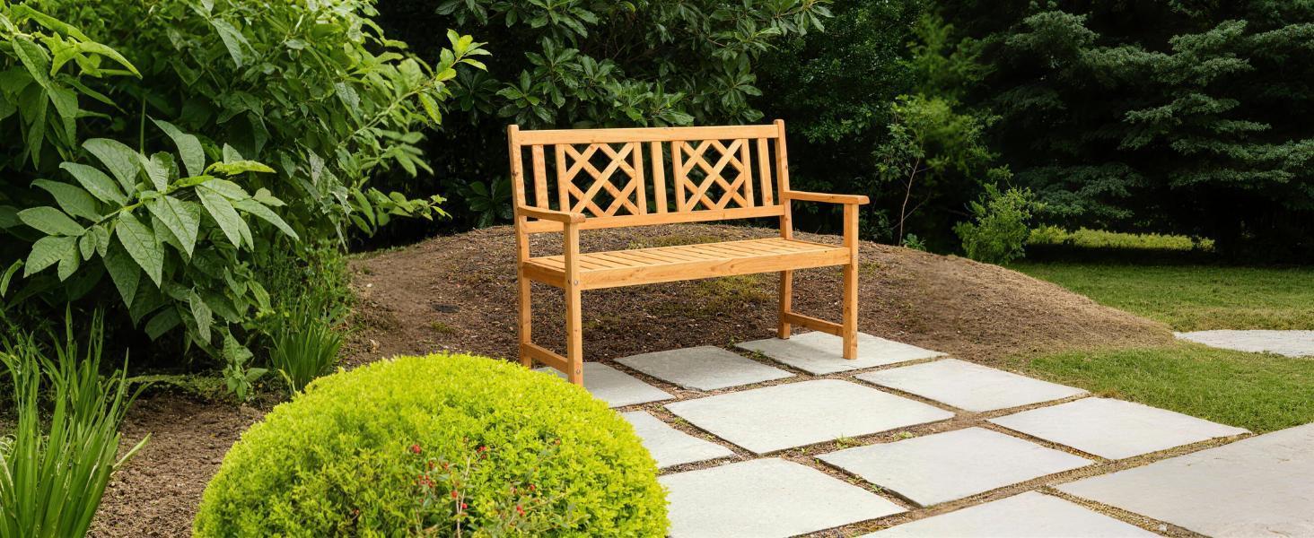 Karlhome Wooden Garden Bench, Outdoor Wood Patio Bench, Rustic Two Person Loveseat Chair w/Armrest for Porch Poolside Park Backyard Balcony, Capacity 605Lbs, Grid Backrest