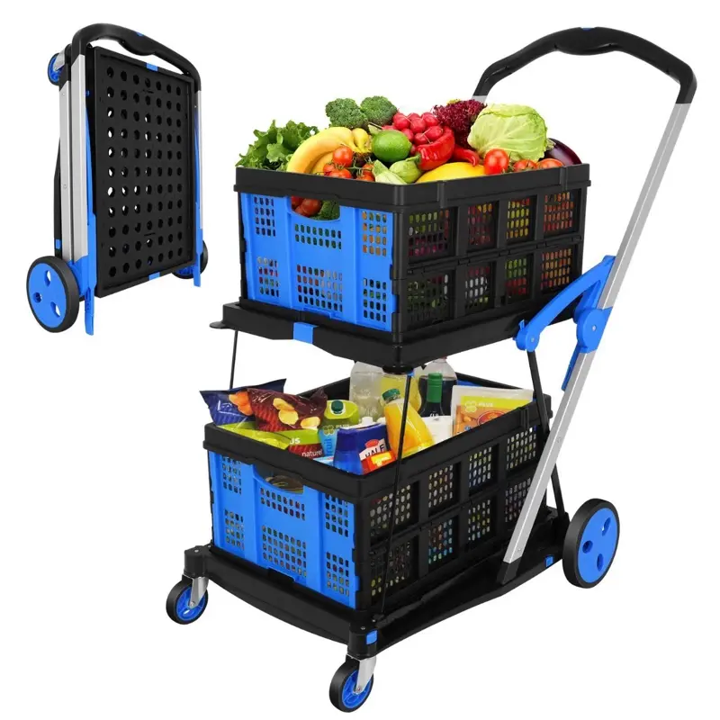 Collapsible Utility Camping Summer Cart, 2 baskets included, Multi use Functional Shopping Carts Folding Trolley Lightweight, Removable Basket MultiPurpose Home personal, EasterSale BlackFriday Portable