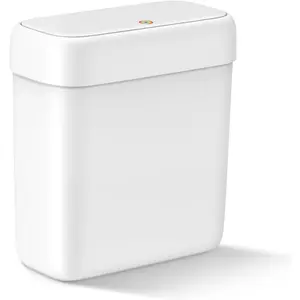 Small Bathroom Trash Can with Lid, 2.6 Gallons / 10 L Slim Plastic Garbage Bin with Pop-Up Lid, Mini Dog Proof Waste Basket for Kitchen, Bedroom, Office, Laundry, Toilet, RV, White