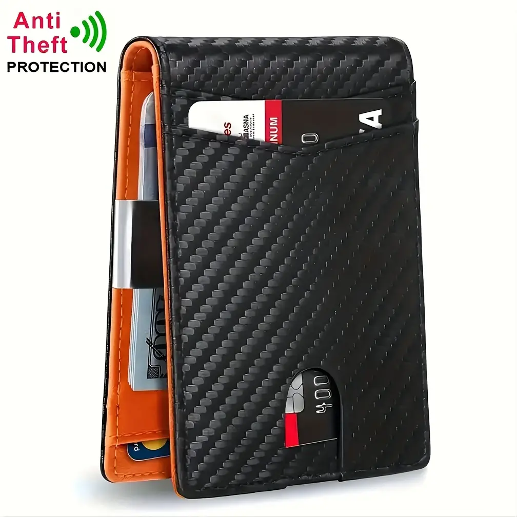Men's Carbon Fiber Pattern Wallet with Card Slots, Slim Money Clip, RFID Blocking Bifold Wallet, Thin Credit Card Holder Wallet, Business Minimalist 30 years later wallet recto verso legs back to the future Leather itachi MagSafe-Compatible Gunmetal