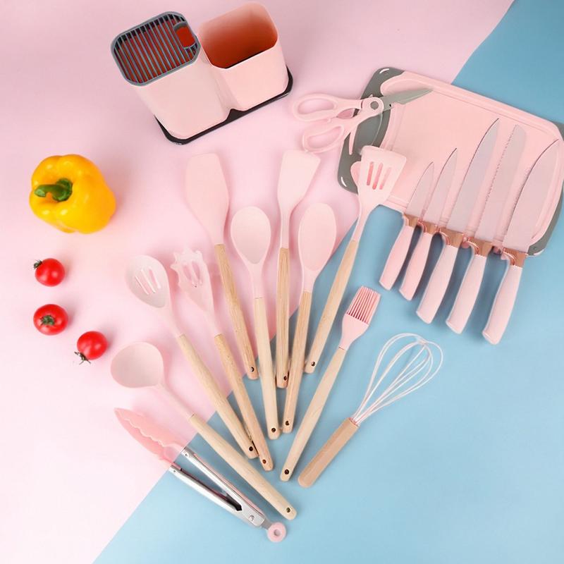 Love atFirst Find19-Piece Kitchen Knife Set with Heat-Resistant Silicone Cutlery & Wooden Handles - Includes Chef Knife, Non-Stick Compatible Tools, Easy to Clean - Ideal Gift for Women on New Year, Valentine's Day and More Cookware Kitchenware White Pink