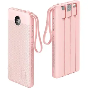 Portable Charger power bank, 10000mAh travel essentials battery pack, 5 outputs 2 inputs slim charging bank built-in cables cords wires compatible with iPhone,Samsung,Android-pink (1 pack)