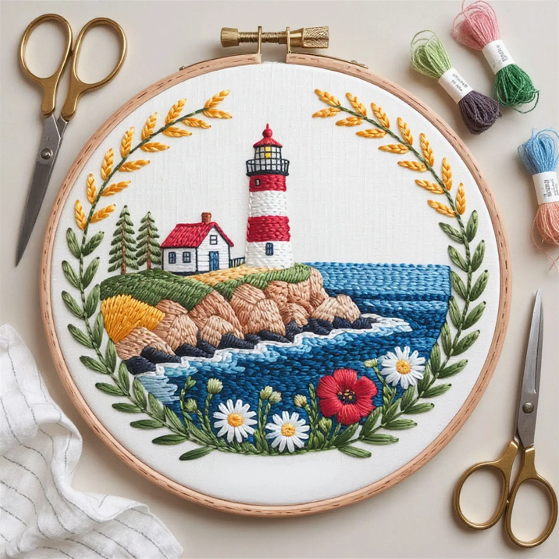 Beginner Embroidery Kit, Elegant Lighthouse Cross Stitch Set, Embroidery Design, Includes Printed Cotton Fabric, Threads, Needles, Pattern Guide, 8 Inch Bamboo Frame, Embroidery Craft, Embroidery Kit For Beginners