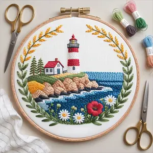 Beginner Embroidery Kit, Elegant Lighthouse Cross Stitch Set, Includes Printed Cotton Fabric, Threads, Needles, Pattern Guide, 8 Inch Bamboo Frame, Embroidery Craft