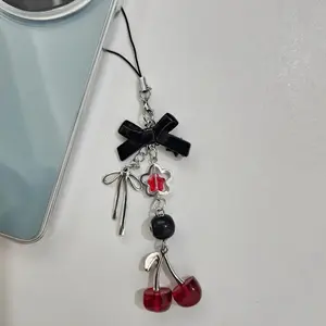 Y2K Cherry Phone Lanyard with Bow, Colorful Resin Decorative Pendant, Suitable for Phone Straps, Earphone Charms, Cherry Theme Items