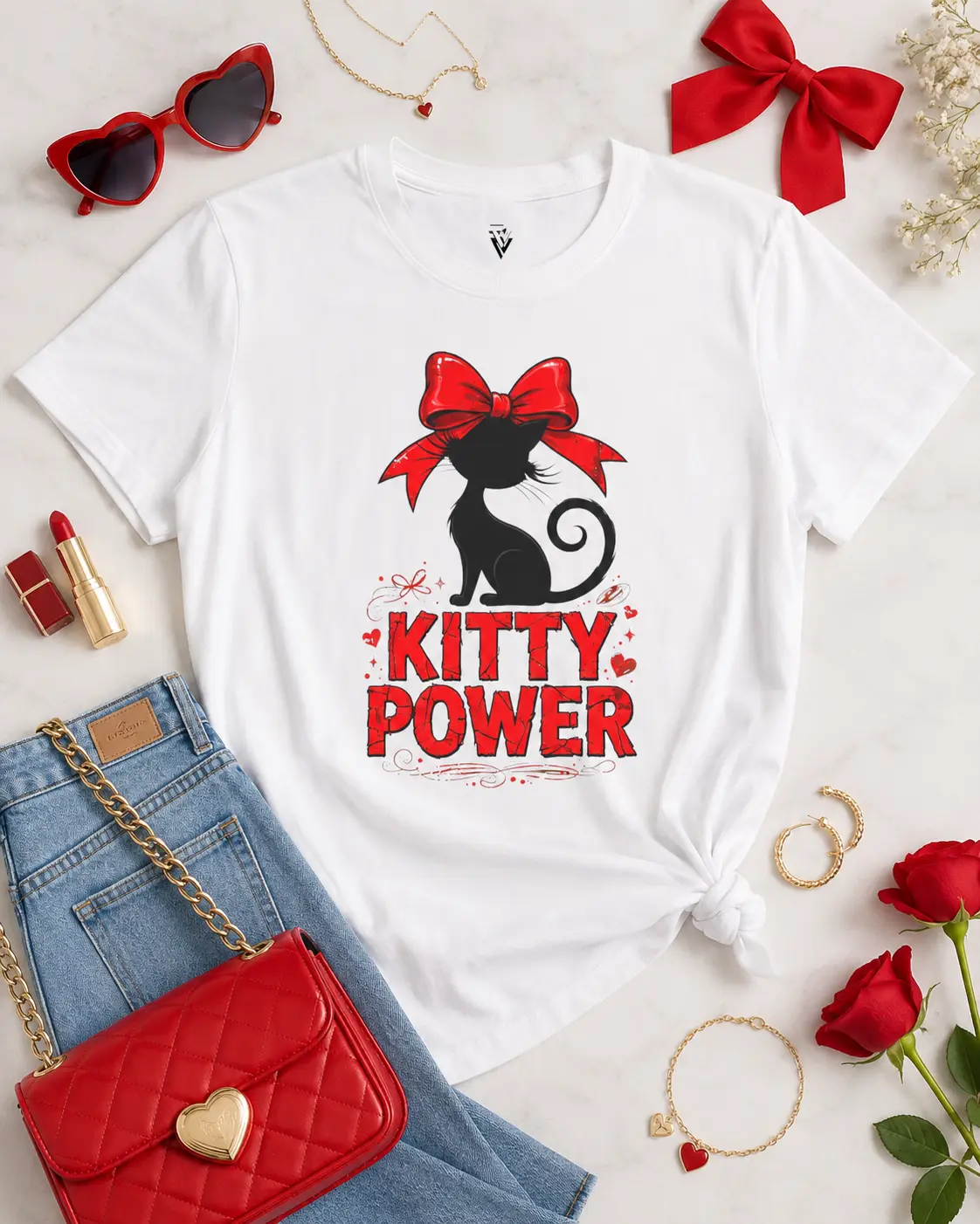 Psyche Visuals Kitty Power Tee - Sassy Black Cat Bow Graphic Shirt | Bold Statement Tee for Her