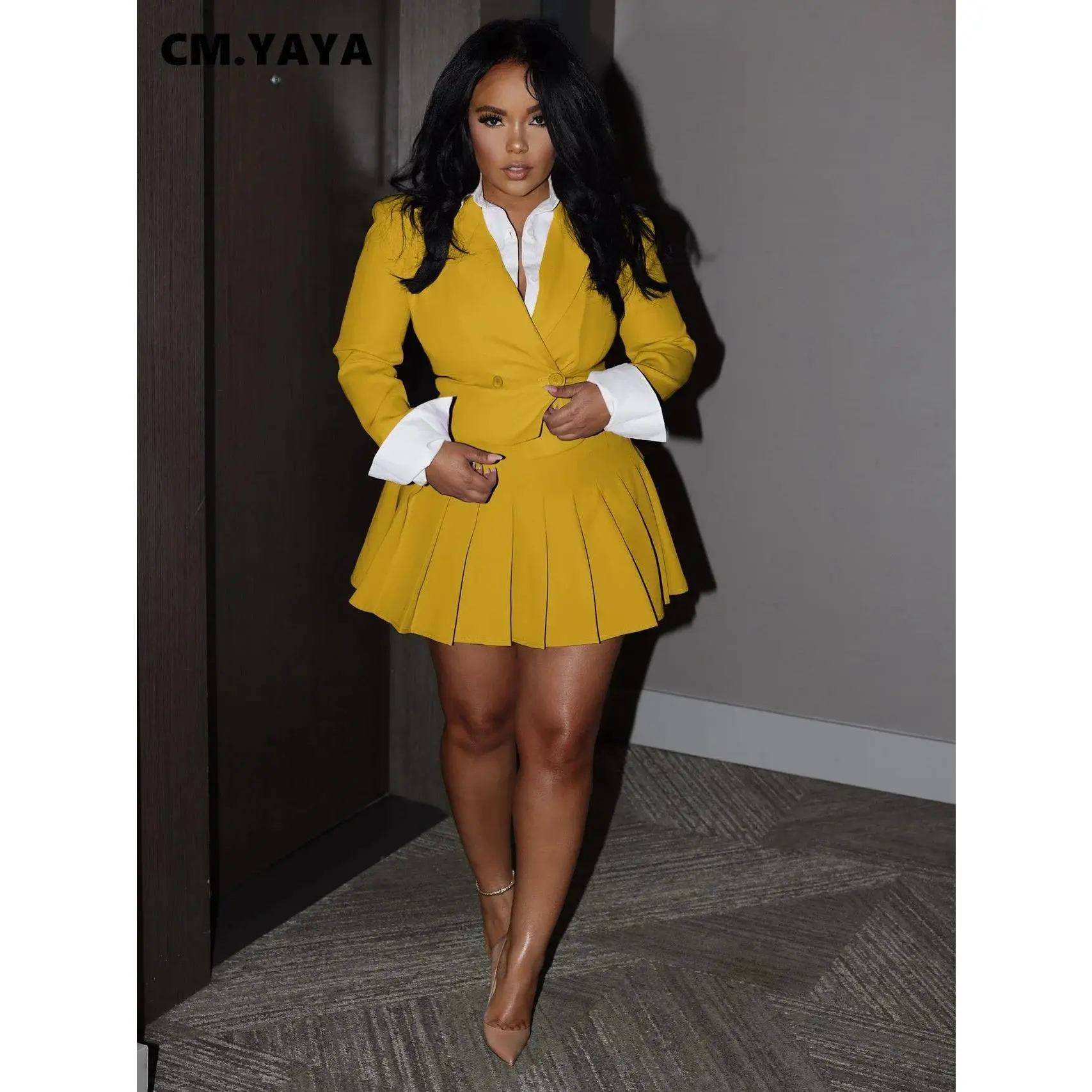 Trendy Three Piece White Collar Blouse With Jacket And Pleated Skirt