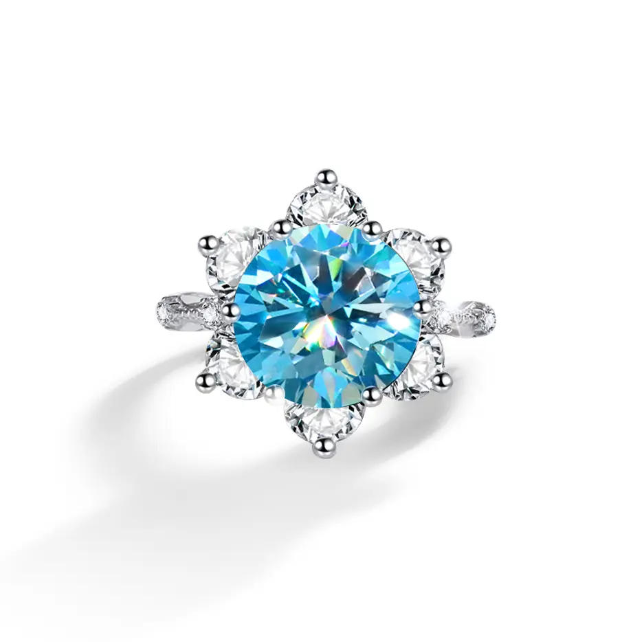 【D5】3CT Round Synthetic Moissanite Sunflower Ring | 6 White Zirconia Petals + Branch-Set Accent Stones | Available in 10+ Main Stone Colors