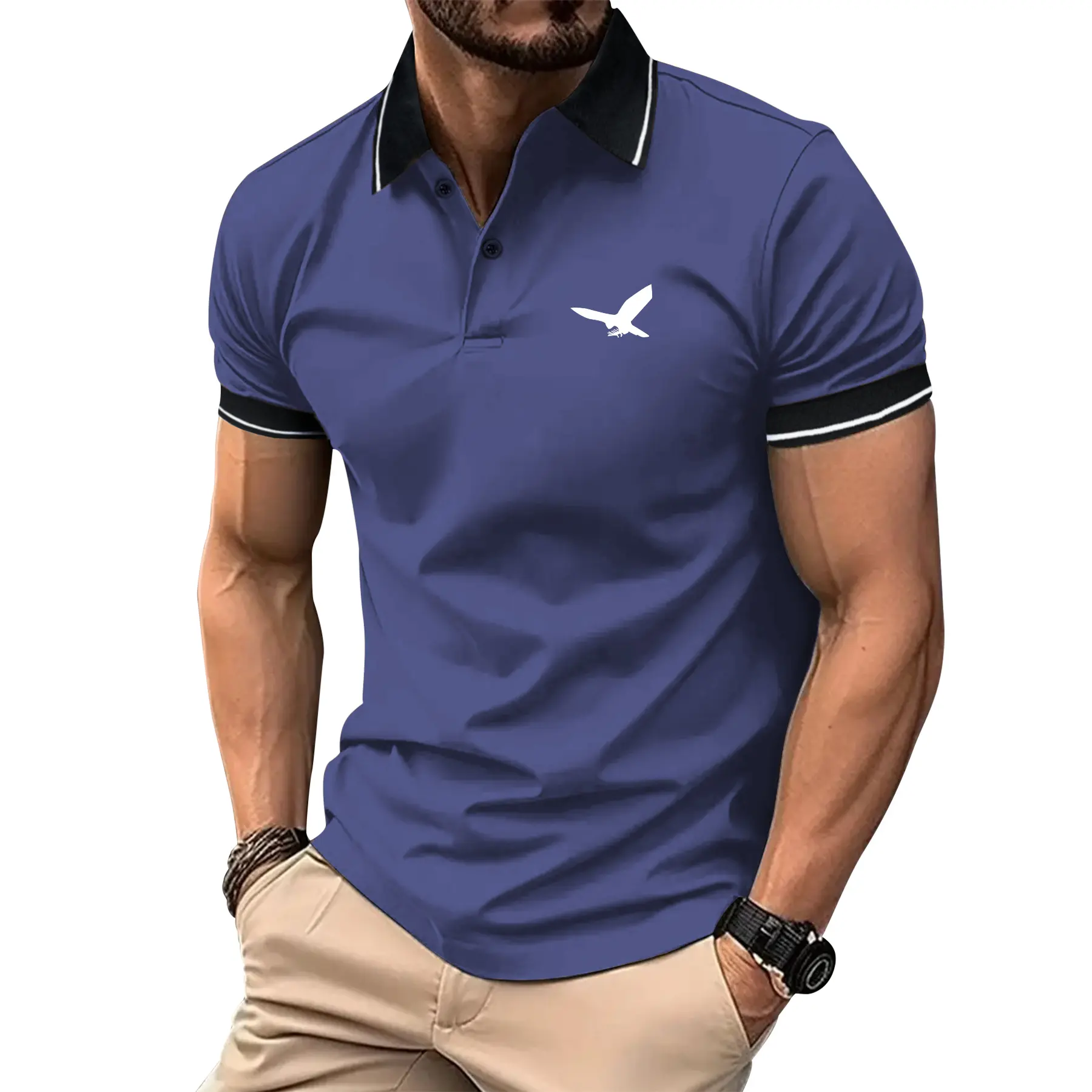 Men's Fitted Eagle Print Polo Shirt, Smart Casual Short-Sleeve Design with Button Placket and Contrast Collar, Comfortable Fabric, Chic, H Type, Round