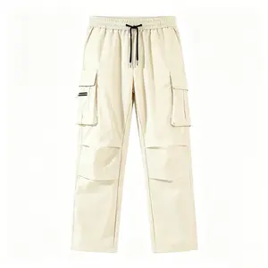 Men's Cargo Pants, Techwear Pants, Streetwear Pants, Utility Pants，Beige Cargo Pants, Multi-Pocket Pants, Zip Detail Pants, Elastic Waist Drawstring Pants，Techwear Outfit, Gorpcore Style, Neutral Streetwear, Urban Casual Wear