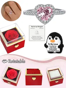 Heart Diamond Sparkling Stone Open Ring, Handmade Crochet Penguin, Valentine's Day Gift Jewelry, Minimalist Rose Flower Box