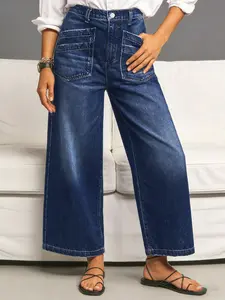 Womens Jeans High Waisted Trendy Cropped Wide Leg Baggy Stretchy Denim Jean Pants Pocket Trousers Jeans