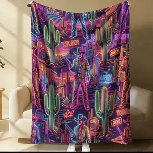 Neon Desert Cowboy Cactus Throw Blanket, Super Soft Comfortable Warm Home Decor, Ideal Nap Blanket, Perfect Gift for Family and Friends