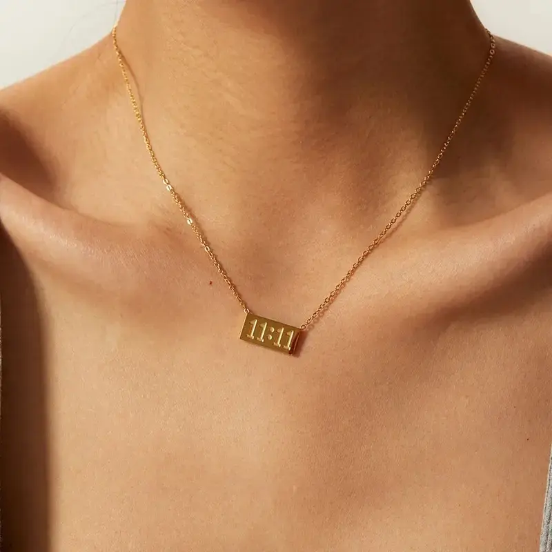 Make a Wish at 11:11  14K Gold  Plated Necklace,Lucky Charm & Everyday Jewelry Name Engraved Pendant Square Shaped Pendant