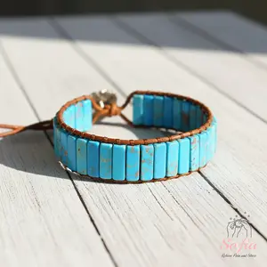Sofia Natural Blue Jasper Stone Tube Beaded Bracelet Blue Crystal Braided Boho Style Adjustable for Daily Use Gift for Him & Her