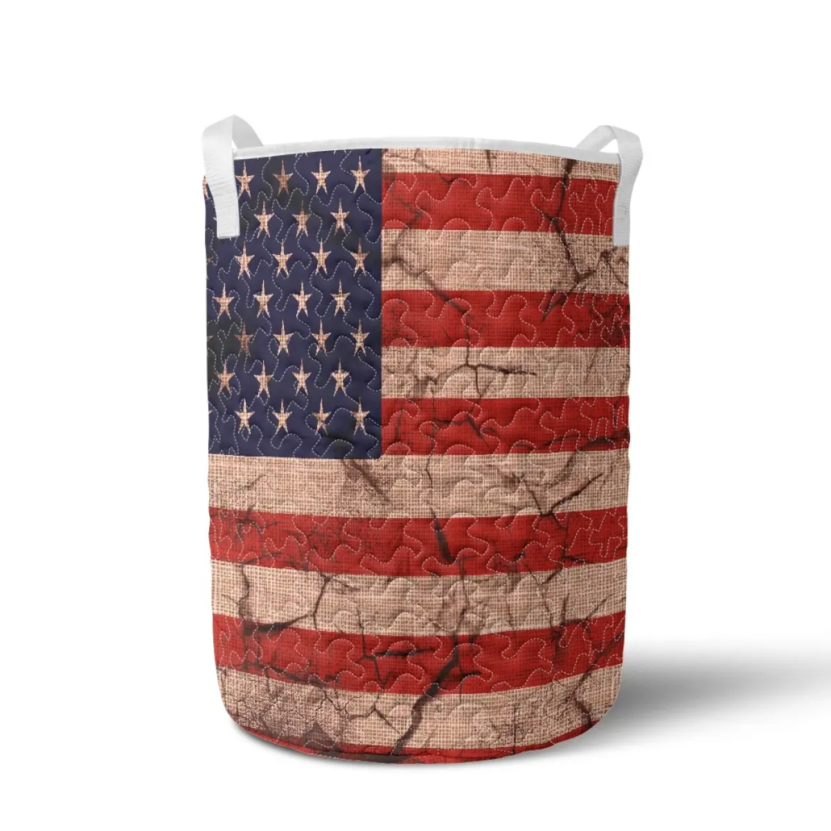 American Flag Quilted Laundry Basket, Patriotic Vintage  Print Storage Organizer,  Clothes Hamper With Carry Handles For Cloth,Toy，Gift