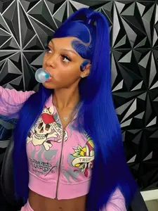 Blue 13x4 Lace Front Wigs Free Part Pre-Plucked Natural Hairline HD Transparent Lace Frontal Wig Heat Resistant Synthetic Wig, Hyperrealism Wig Blue Concert Look Straight Wig Natural Looking Wig 28 Inches