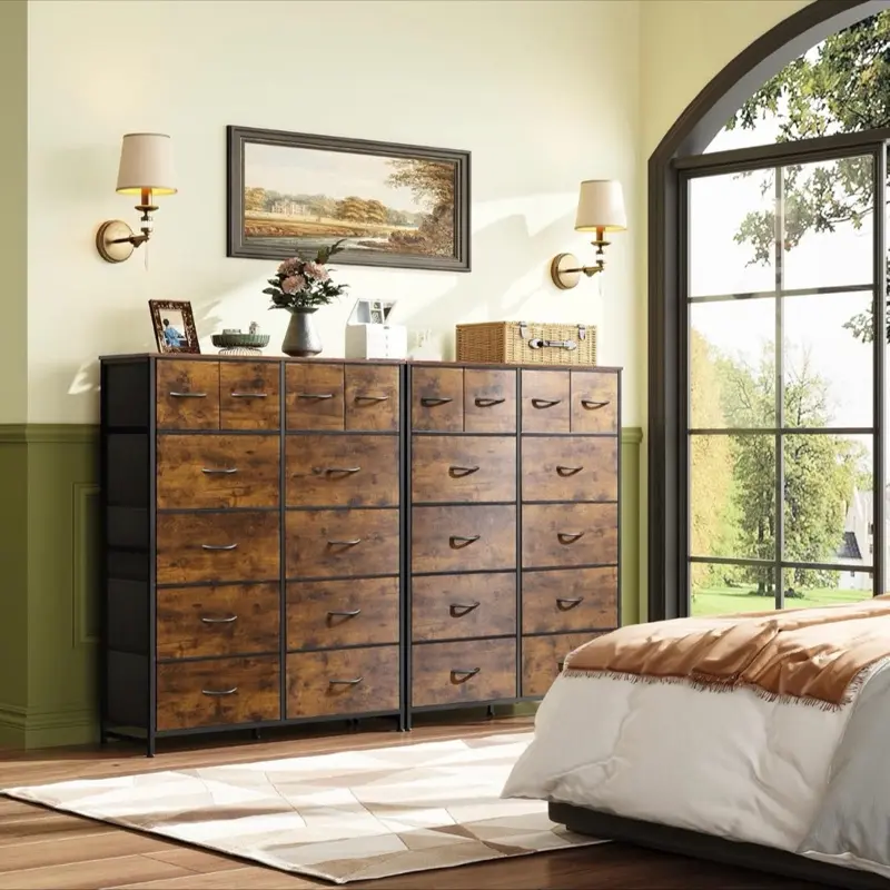 Wooden Dresser with 15 Drawers for Bedroom Storage - Rustic Brown Finish & Metal Frame - Ideal for Organizing Clothes and Accessories