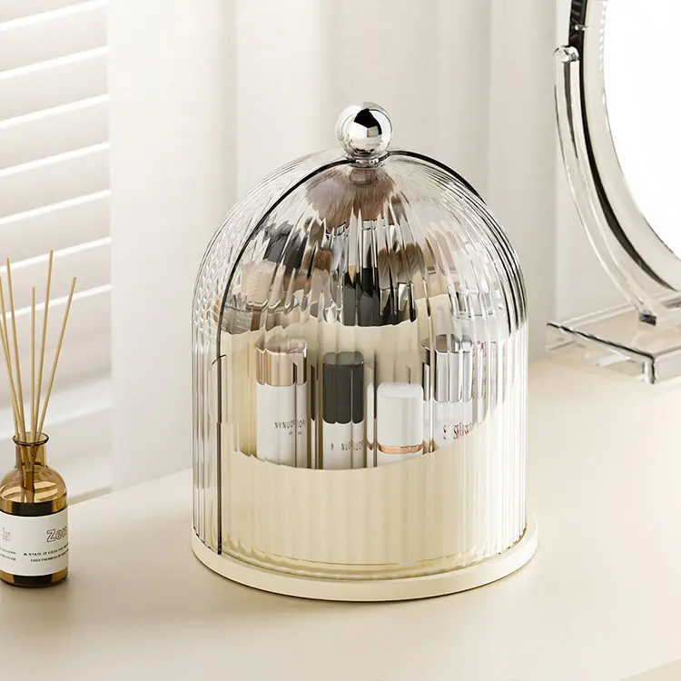 Modern Birdcage Look Makeup Organizer, 360° Rotating Dustproof Display Case for Vanity, Makeup Storage Solution for Bathroom Use, Ideal Gift Idea, Dustproof Cover, Ribbed Dome, Multi-Compartment, Glass Dome, 360° Rotation, Birdcage Shape, Dustproof Spin