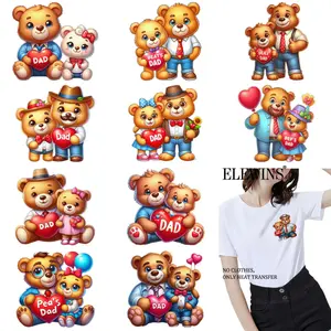 12 Pcs Father Son Teddy Bear Heart Gold Foil DTF Transfer Decals for T Shirt Hoodie Denim Backpack Pillow Durable Reusable Machine Washable DIY Craft Supplies Embellishments