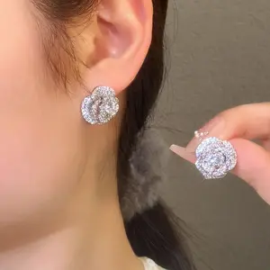 Rose Earrings for Women, 925 Silver Needle, Luxurious Micro-Inlaid Full Diamond Flower Earrings, High-End Earrings