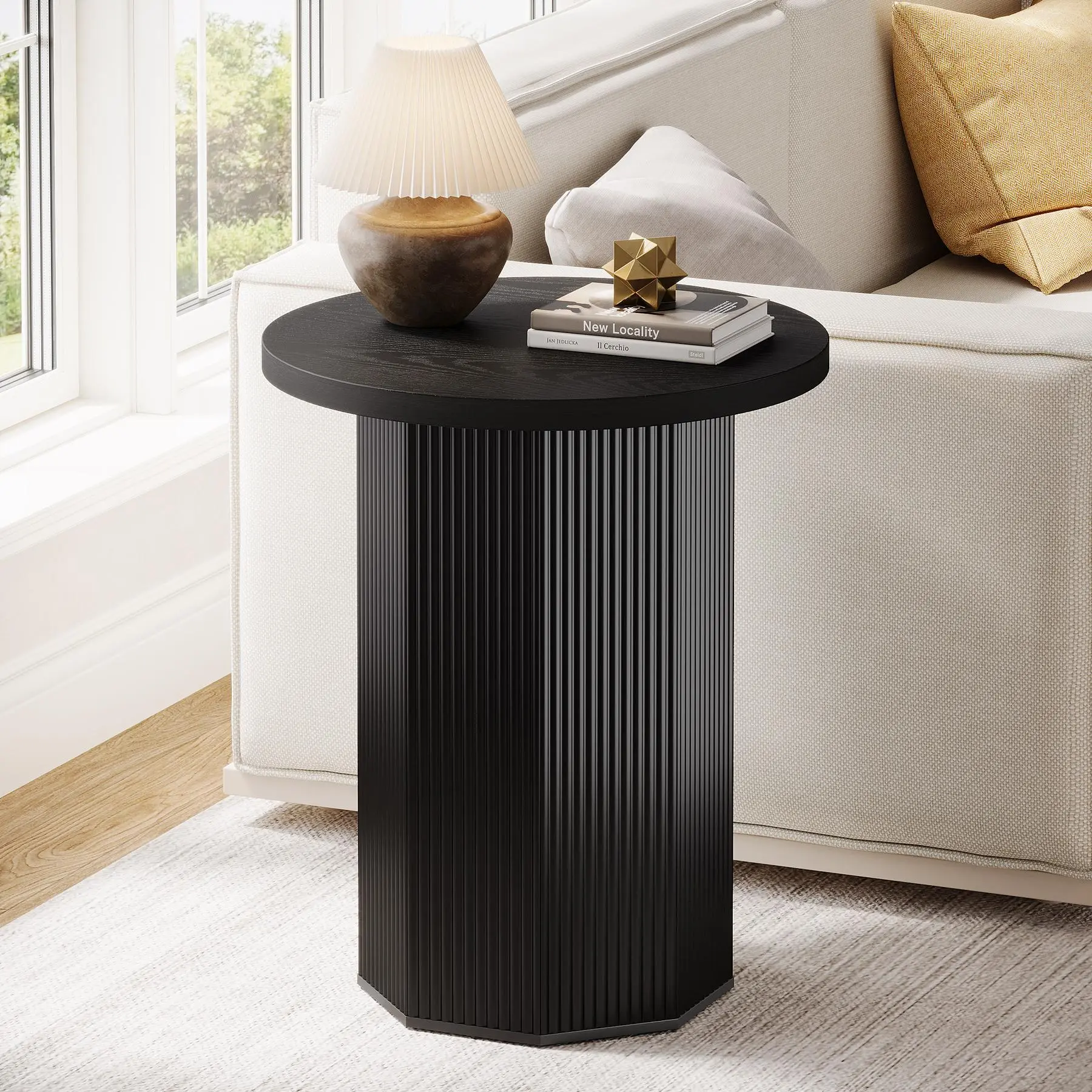 TRIBEWOOD Traditional Retro Rustic Round Pedestal End Table - MDF Wood Farmhouse Side Table with Fluted Legs, 19.7"x19.7"x25.2" Nightstand, Easy Installation for Living Room, Bedroom, Small Apartments