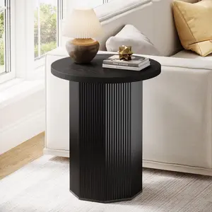TRIBEWOOD Round End Table, Farmhouse Pedestal Side Table, Fluted Wooden Nightstand Drink Stand for Living Room, Bedroom