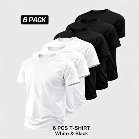 6pcs Multi-Pack Men’s 100% Cotton Crew Neck Short Sleeve T-Shirts - Solid Color, Lightweight Breathable Fabric, Comfortable Everyday Fit, Office Workwear, Decoration-Infused Casual Tops, Summer Basic Gift for Boyfriend