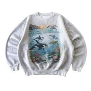 Orcas Sunset Sea Scene Vintage 90s Sweatshirt, Retro Ocean Dolpin Sweater, Cute Sea Turtle Sweater, Marine Life Graphic Crewneck
