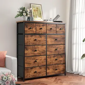 Raybee Furniture 12 Drawers Dressers, Wood Top & Metal Frame, Tall Fabric Dressers for Bedroom, Living Room, Hallway, Closet