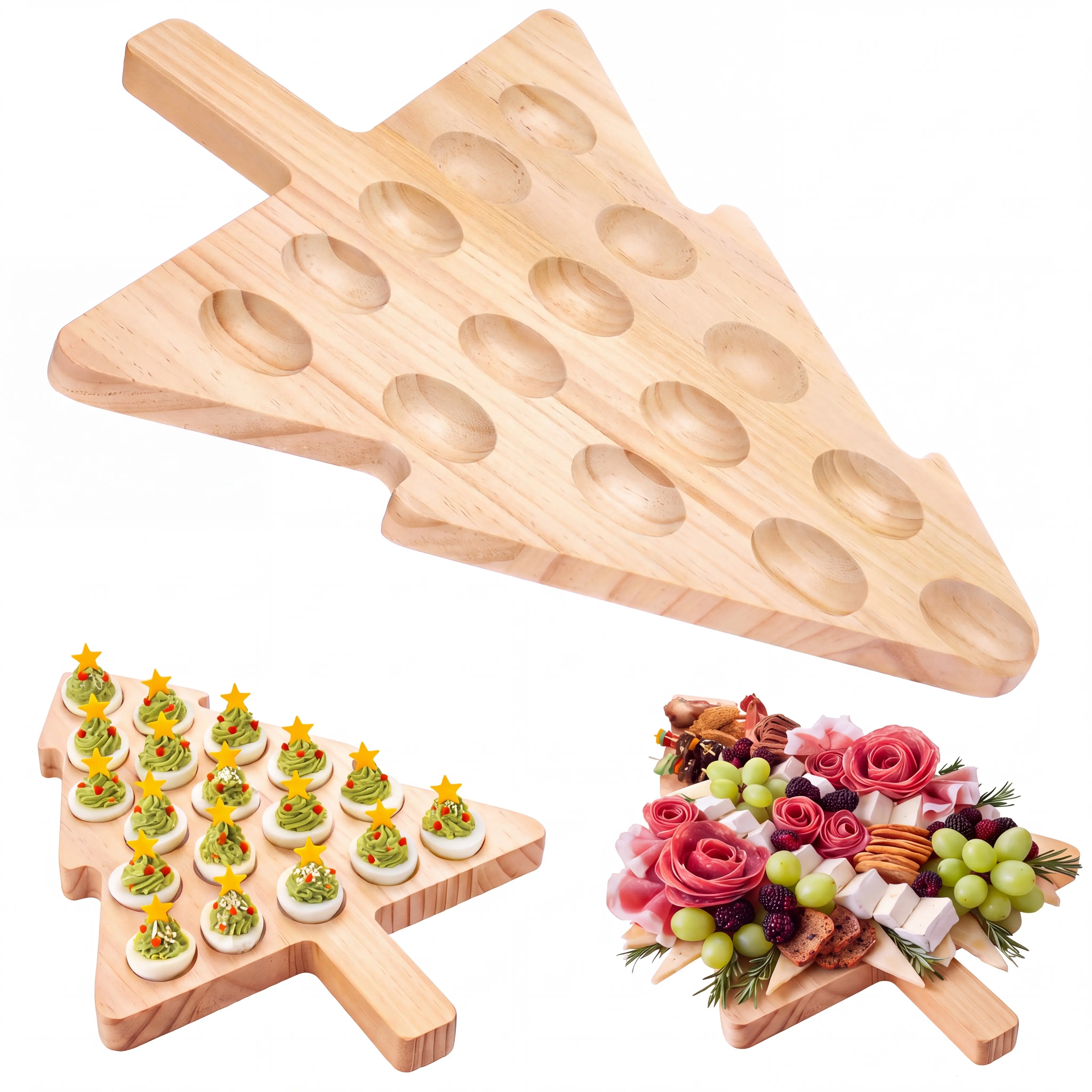 Christmas Deviled Egg Tray Acacia Charcuterie Board with Handle Xmas Kitchen Gifts for Mom Wooden Serving Platter Reversible Holes Rectangle Square Egg Tray Deviled Egg Holder Cutting Board Cheese Serving Tray for Home Kichen Kitchen Essential