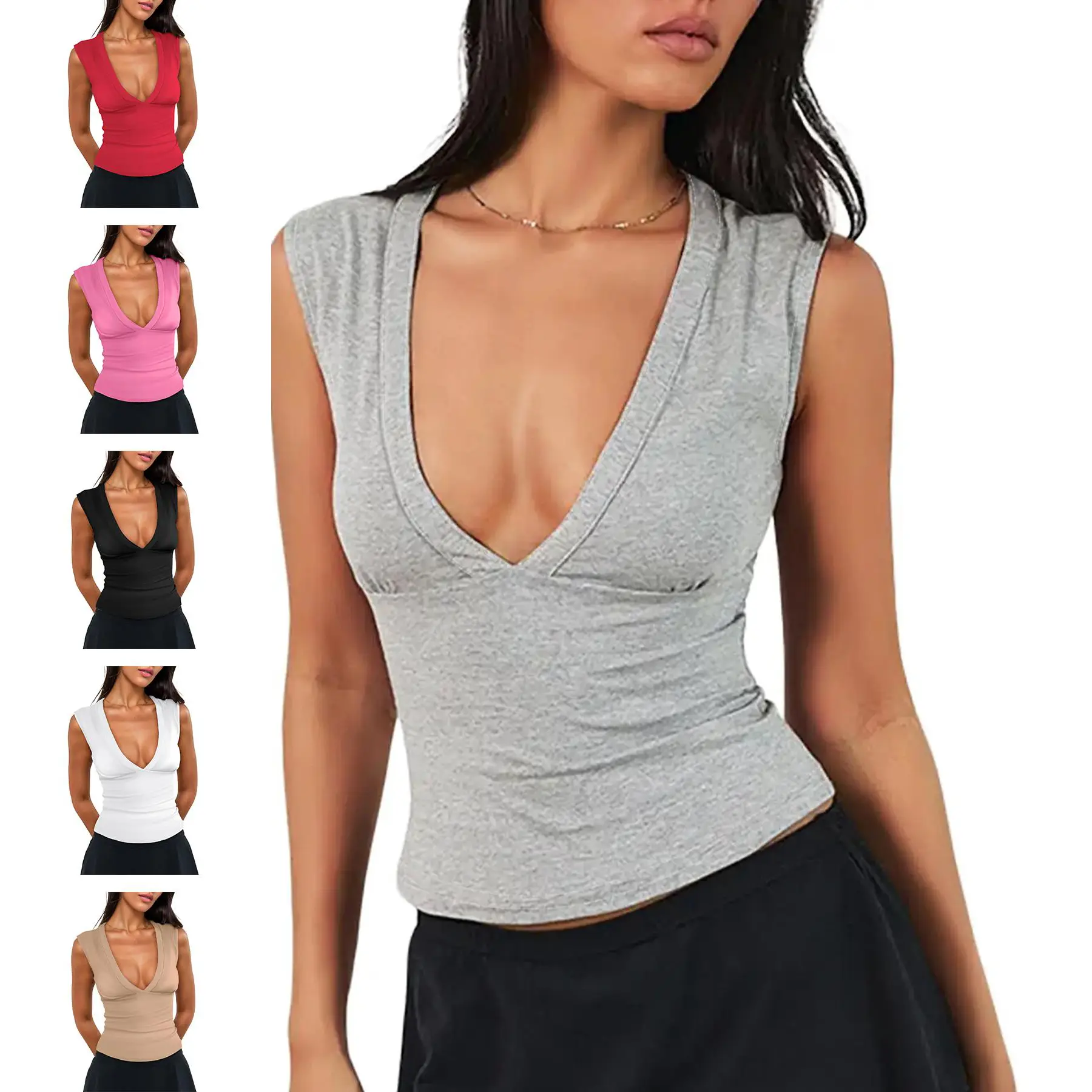 Wodubu Y2K Deep V Neck Crop Top, Women Sleeveless Slim Fit Tank Top for Going Out & Workout