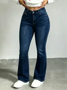 High Rise Flare Leg Baggy Jeans High-Stretchy Loose Fit Denim Pants for Women Distressed womenswear. WH48 Lady Basic Minimalist Comfortable Denim Tummy Control Curve hugging Plus Size Regular Size Spring Fashion Daily Outfits.