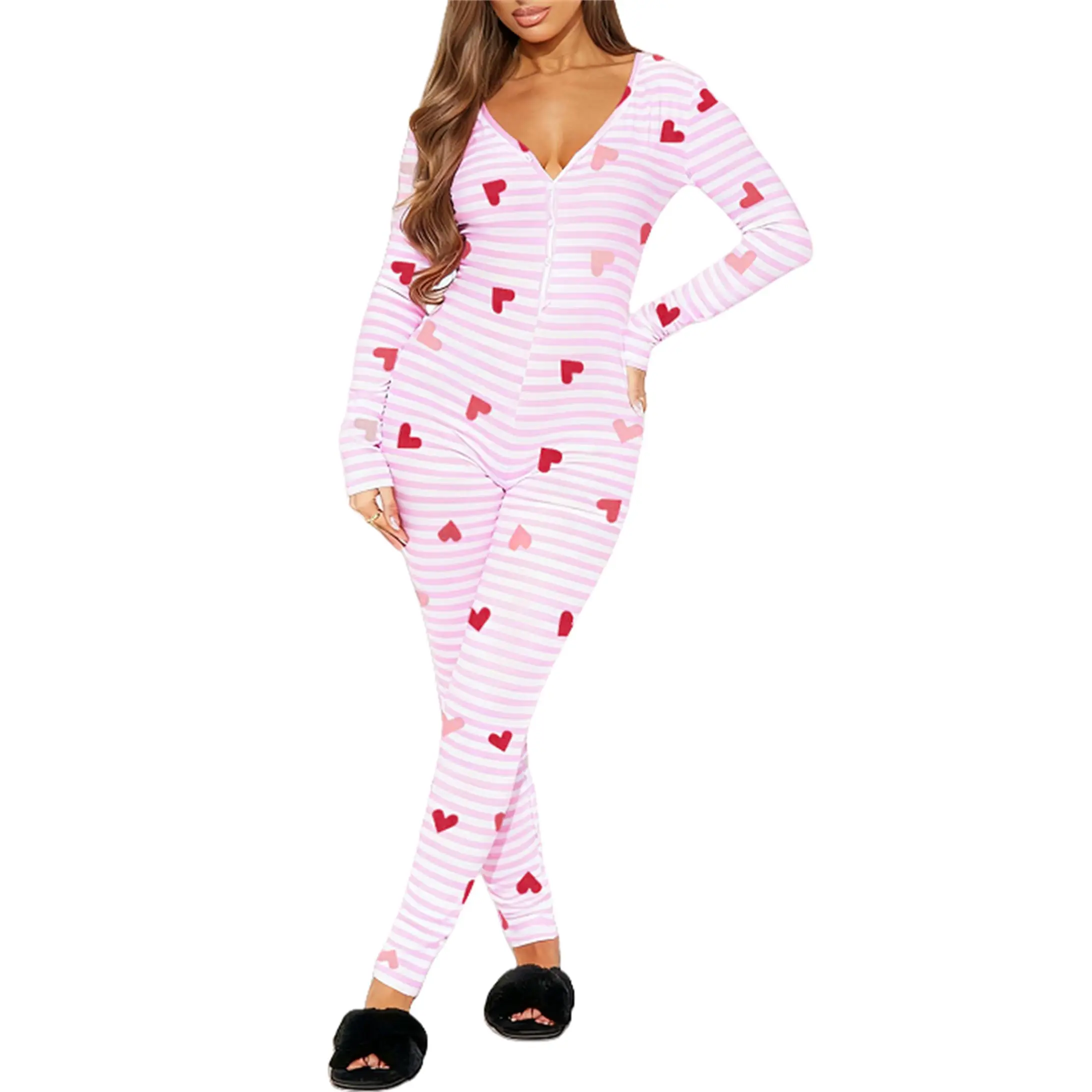 Women Valentines Cute Jumpsuit Love Heart Bow PrintingFitted Playsuit Striped Button Up V Neck Long Sleeve Bodycon Romper Onesies Outfits