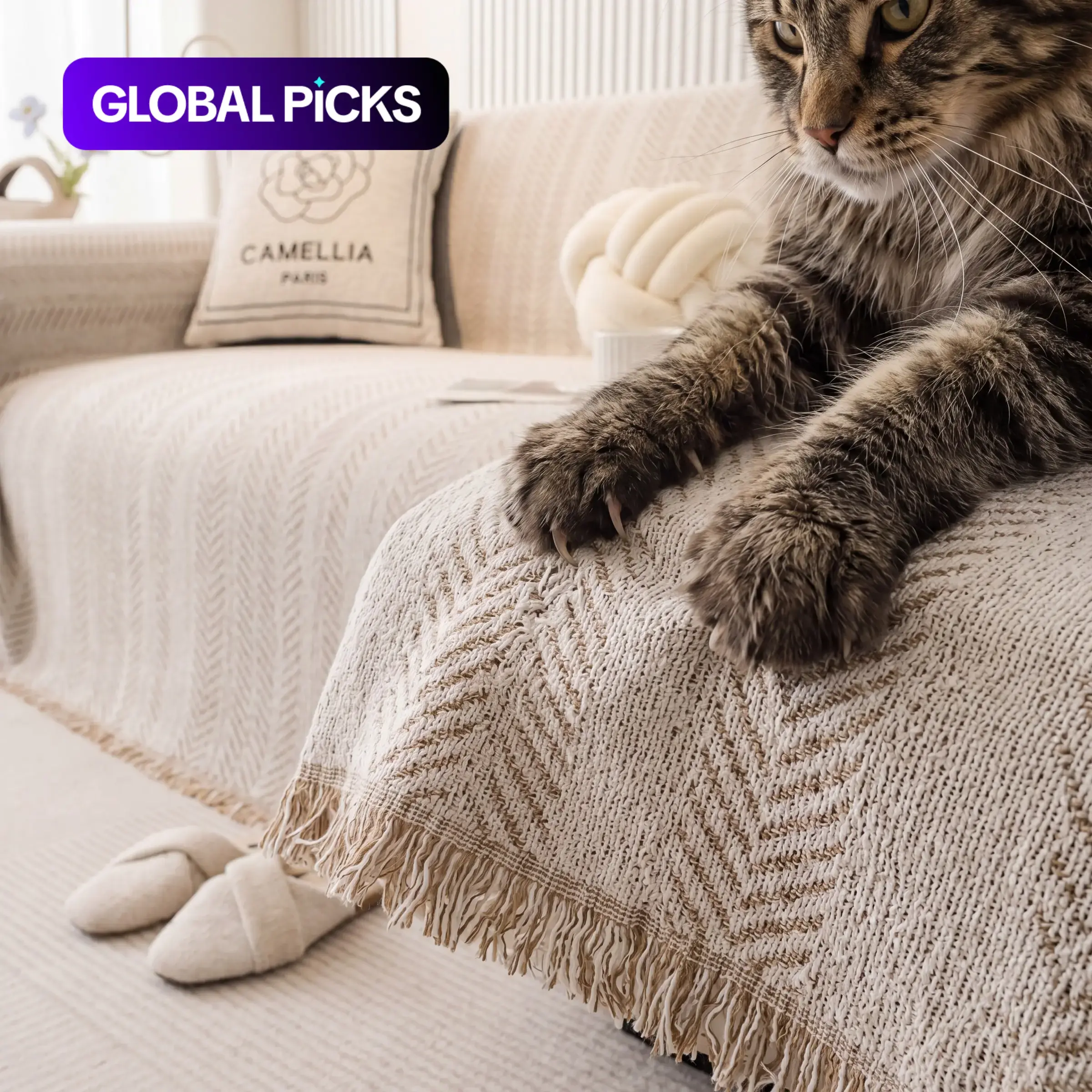 Solid-Color Chenille Sofa Cover with Tassel Trim, Couch Slipcover, Sofa Couch Covers, Slipcovers for Couches and Sofas, 1 Pack Non-Slip Dustproof Sofa Protector for Living Room or Bedroom #GLOBAL PICKS
