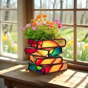 Vintage Style Book Stack Planter with Drainage Holes, Durable Fiberglass Design, Perfect for Succulents and Bookshelf Decor, Outdoor Planters