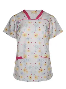 Pepino Uniforms Printed Pink Daisy V-Neck Piping Scrub Top